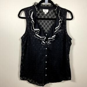 ECI New York Black Whimsygoth Polka Dot Ruffled‎ Sleeveless Top Pearl Buttons 12